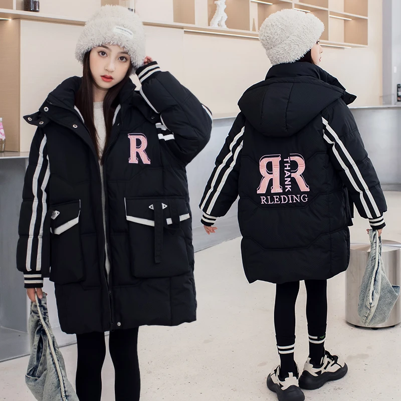 女童新洋气保暖棉服加长款加厚棉衣仿兔毛中大童冬季宽松时尚外套