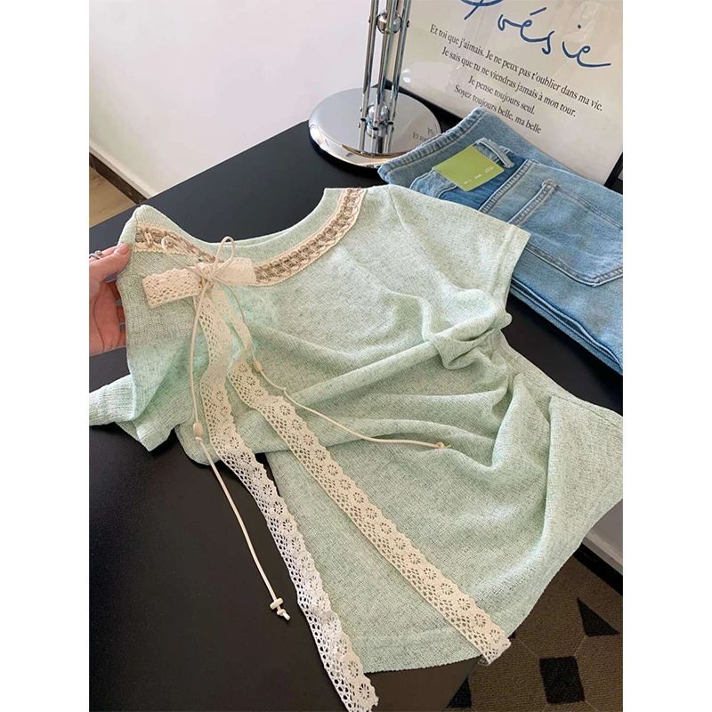 温柔风洋气浅绿色蕾丝蝴蝶结上衣女装夏季新款设计感休闲短袖T恤