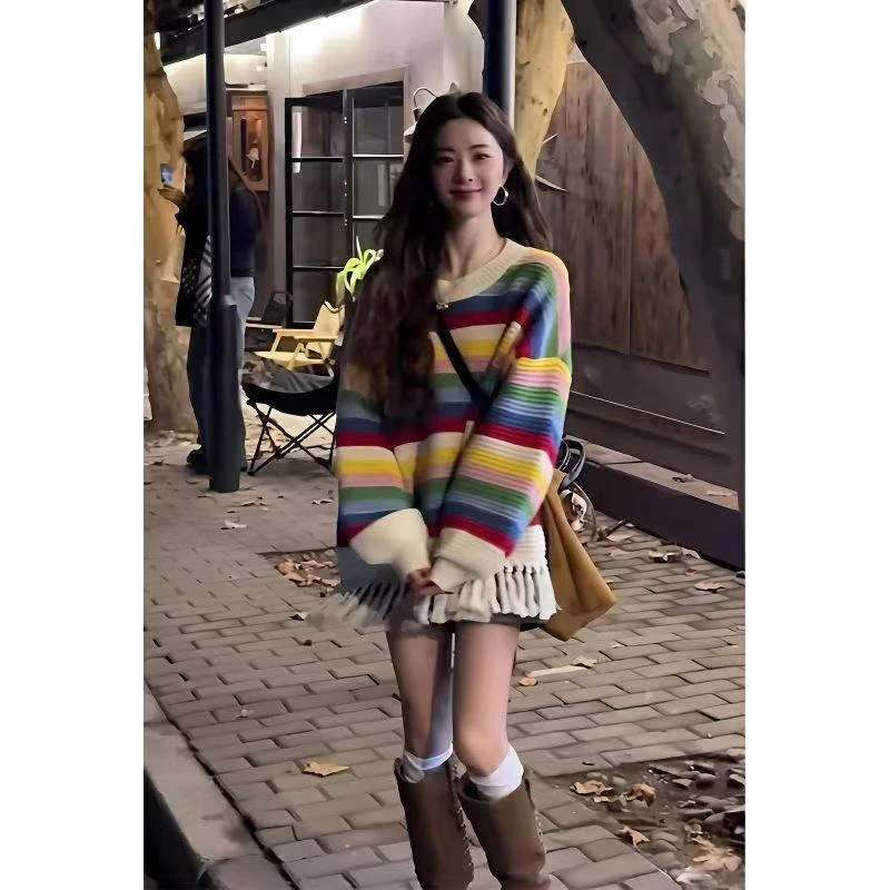 设计感条纹流苏针织衫韩版套头毛衣百搭宽松慵懒风彩虹长袖上衣女