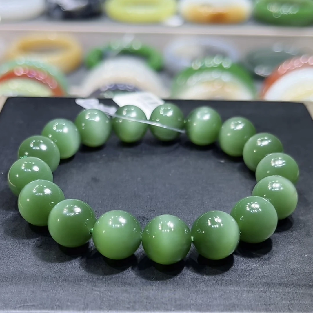 和田玉俄料碧玉一线猫猫眼手串12mm