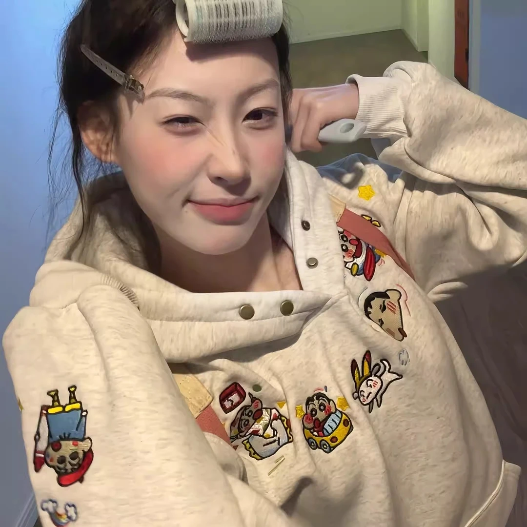 蜡笔小新刺绣卡通图案连帽卫衣男女秋冬加绒加厚美式复古上衣服