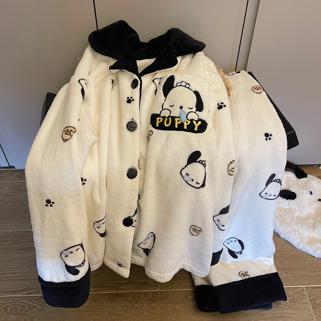 可爱小个子睡衣女冬季加绒加厚法兰绒开衫韩系保暖休闲家居服套装