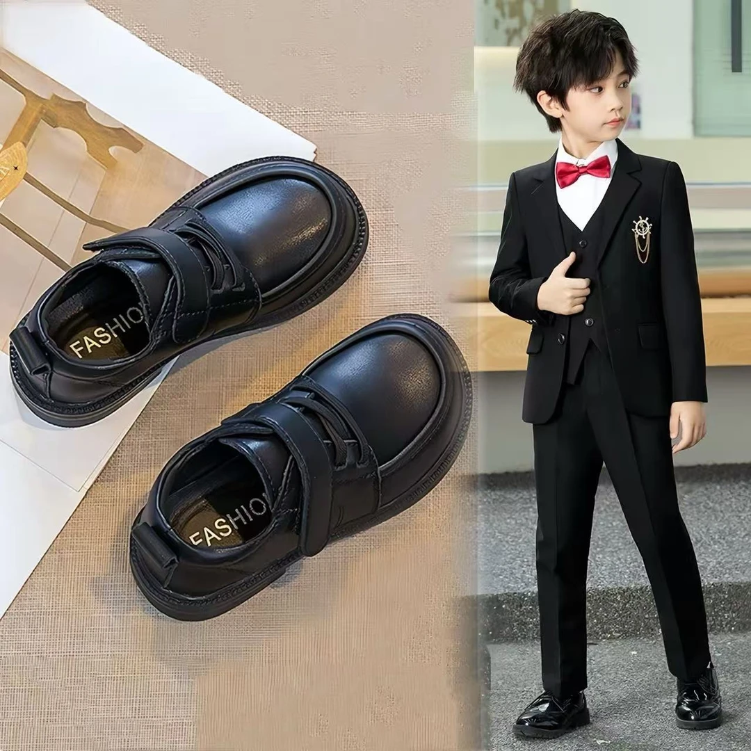 儿童皮鞋软底真皮男童黑色英伦风宝宝6-12岁秋冬加绒中大童演出鞋