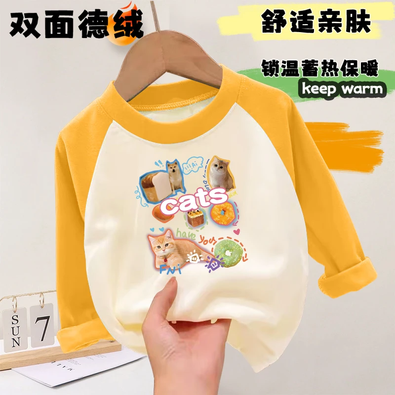 男童儿童春秋德绒长袖新款打底女童宝宝洋气卡通T恤小童肩袖上衣