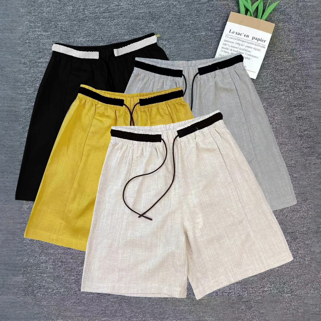 【亚麻】韩系时尚拼色腰短裤2025夏季设计感百搭宽松显瘦5分裤Y257