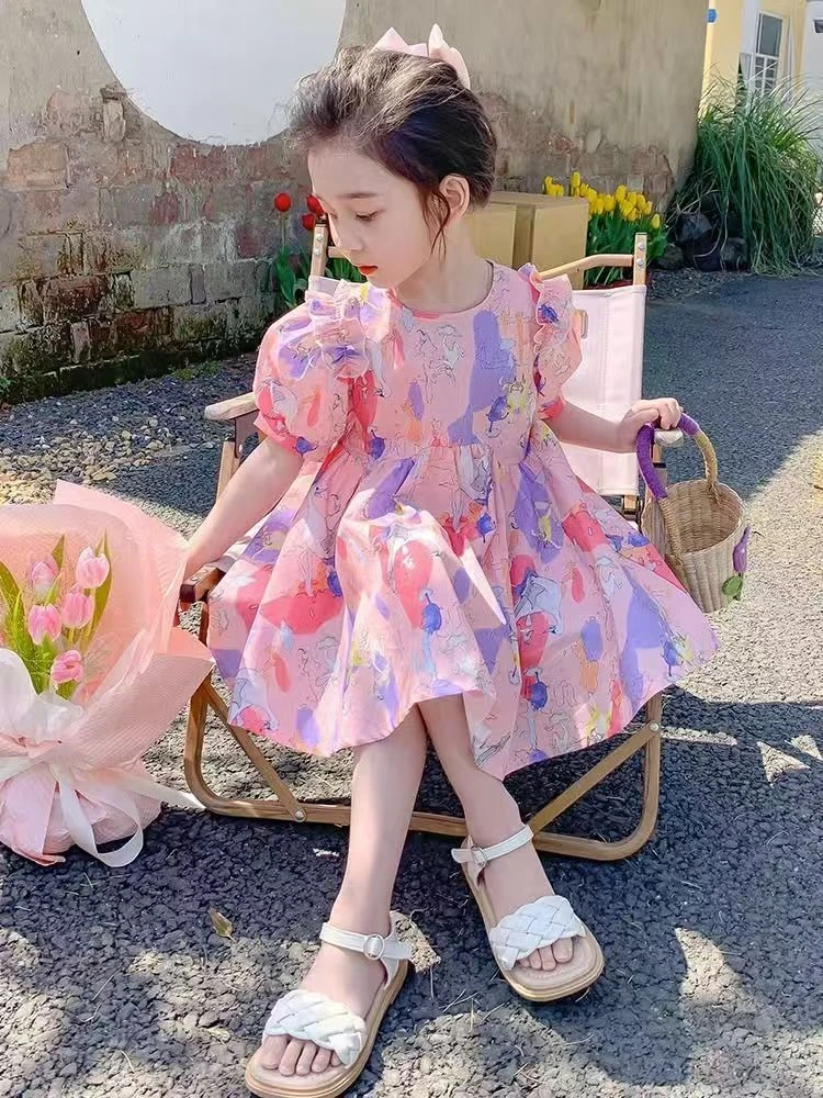 甜美卡通连衣裙2025新款洋气花边泡泡袖公主裙女童夏装粉色连衣裙
