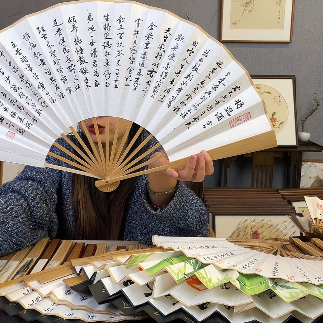 国画10寸玉竹-纯手绘-文玩扇骨（默认粘好）