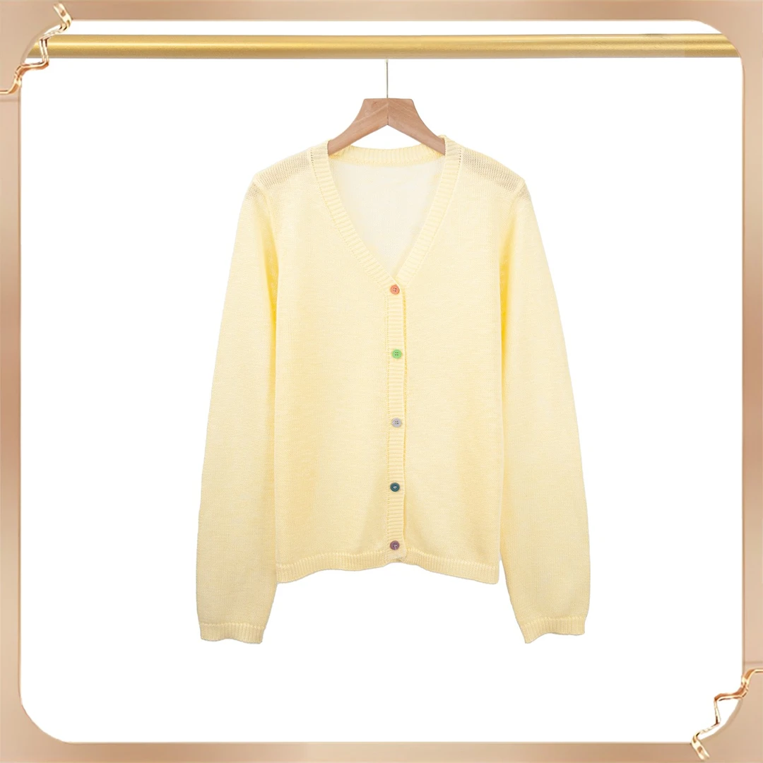 《蕾姐》纯色简约V领百搭针织开衫0309513-黄色
