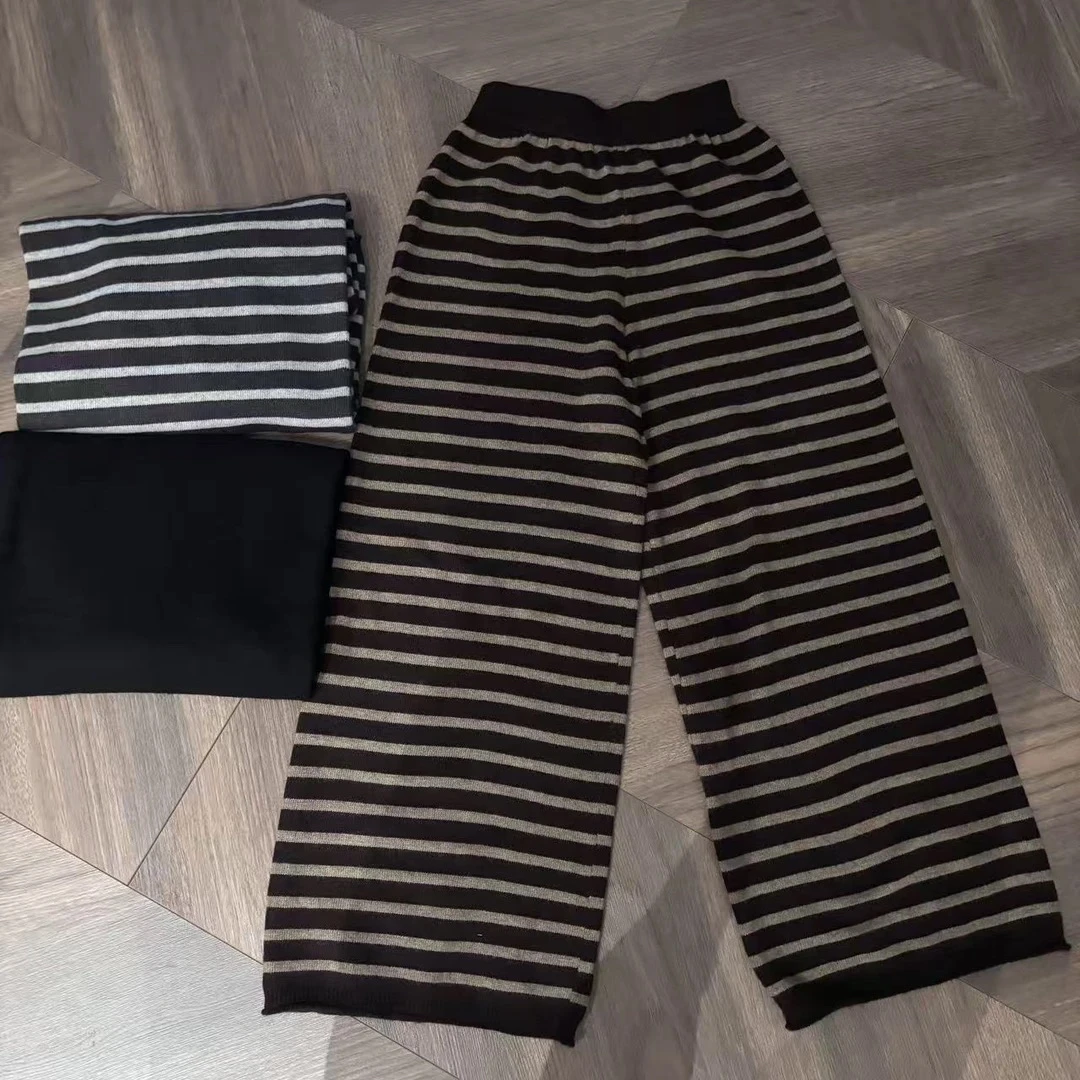 【轻奢】韩国2025冬季加厚条纹针织裤女高腰显瘦直筒阔腿休闲长裤子