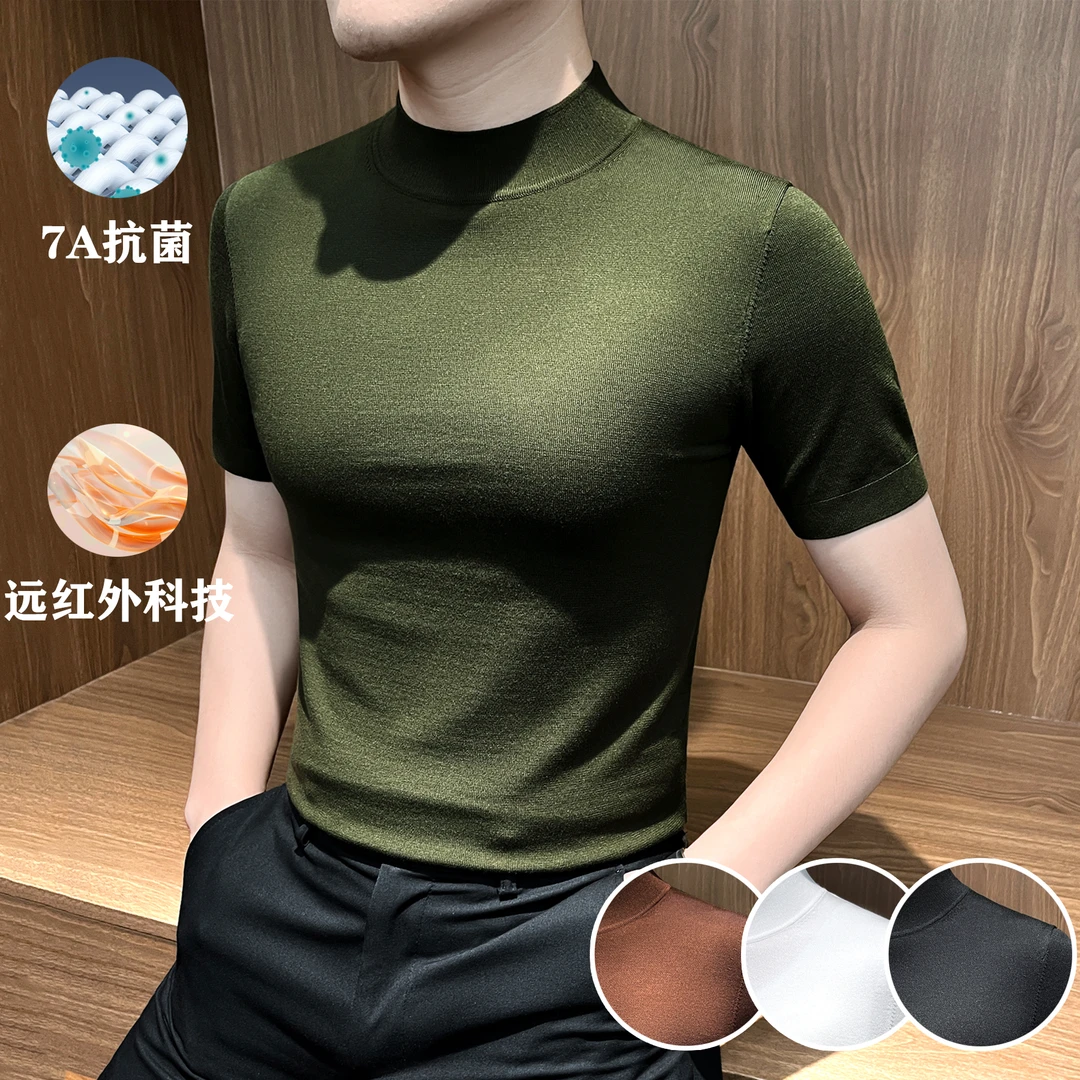 莱赛尔中领t恤男款轻奢痞帅高级感男装秋季款弹力男士短袖打底衫