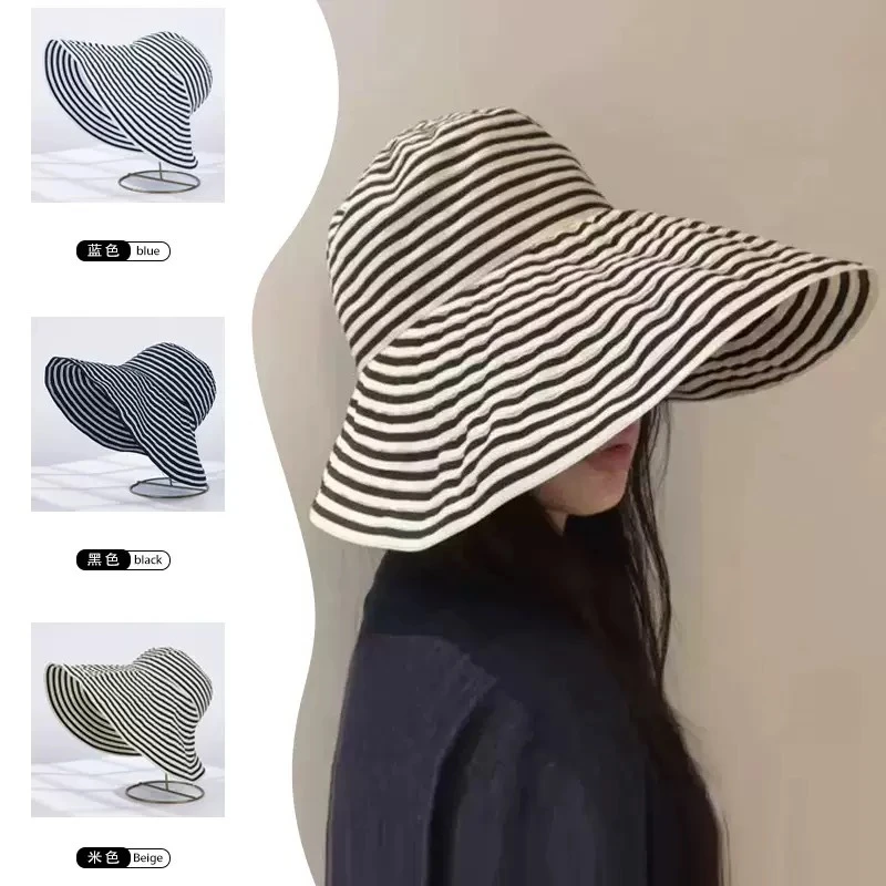 日系可折叠夏季条纹渔夫帽女新款长防晒帽子时尚盆帽大头围太阳帽
