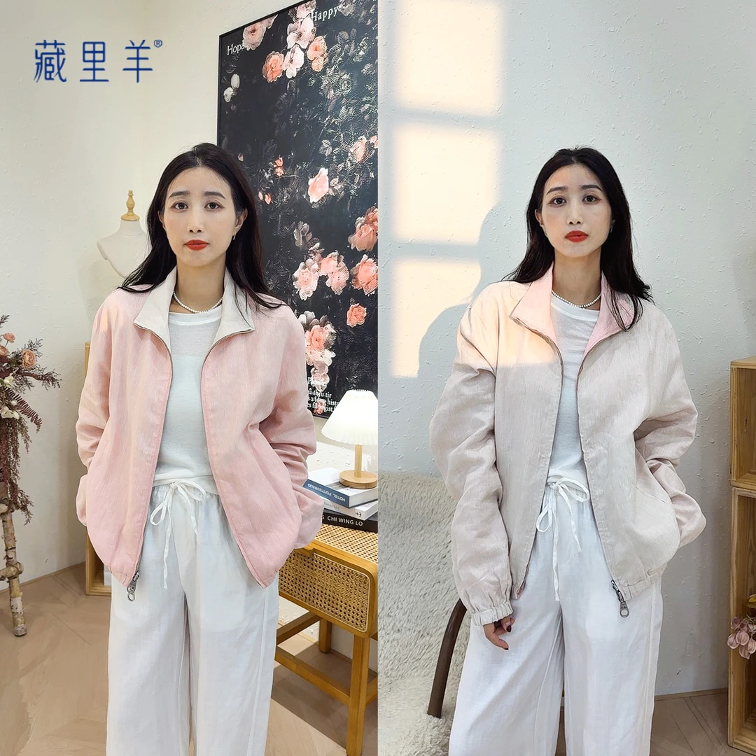 藏里羊 亚麻双面可穿立领飞行员夹克双拉链外套洋气衣服女WG1701