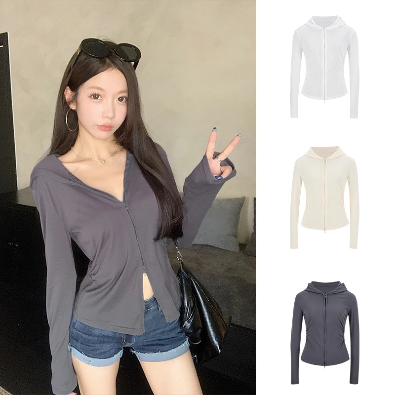 Moses Queen/魔西女王连帽褶皱双拉链防晒服薄款修身显瘦开衫外套