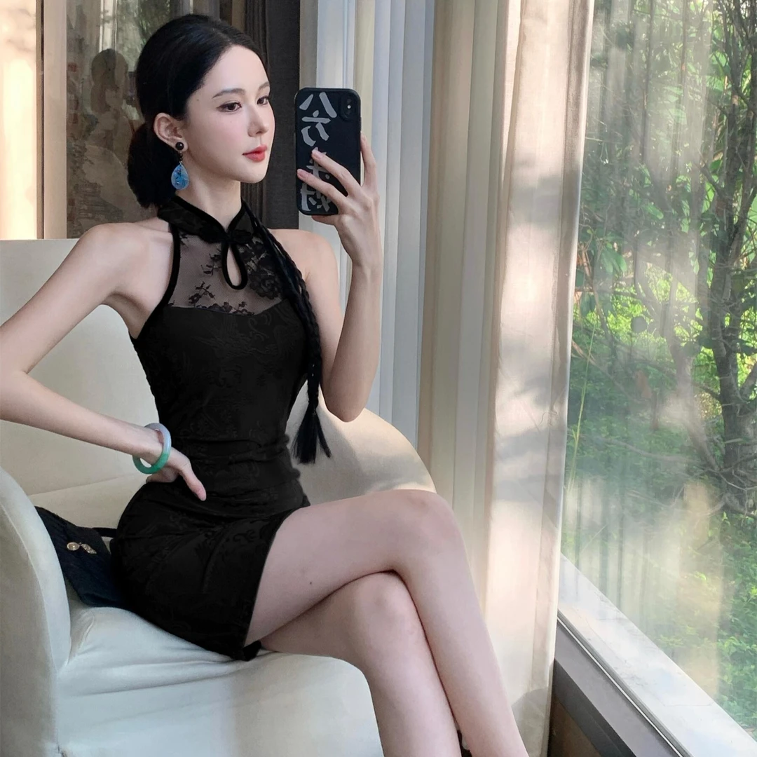 性感纯欲包臀短裙修身蕾丝拼接新中式改良削肩旗袍年轻款连衣裙女