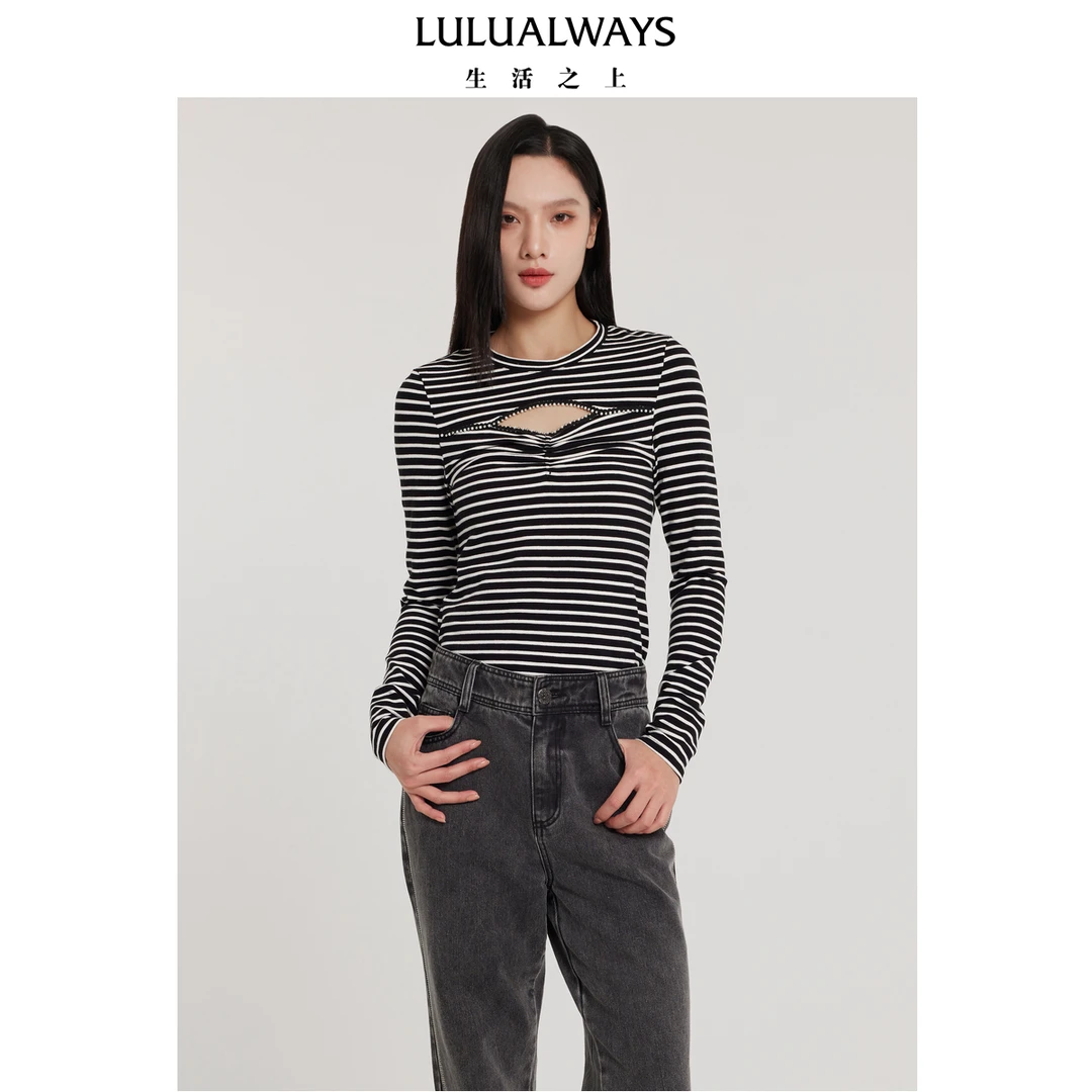 LULUALWAYS【高能感】24春季新款小心机百搭修身圆领条纹打底衫