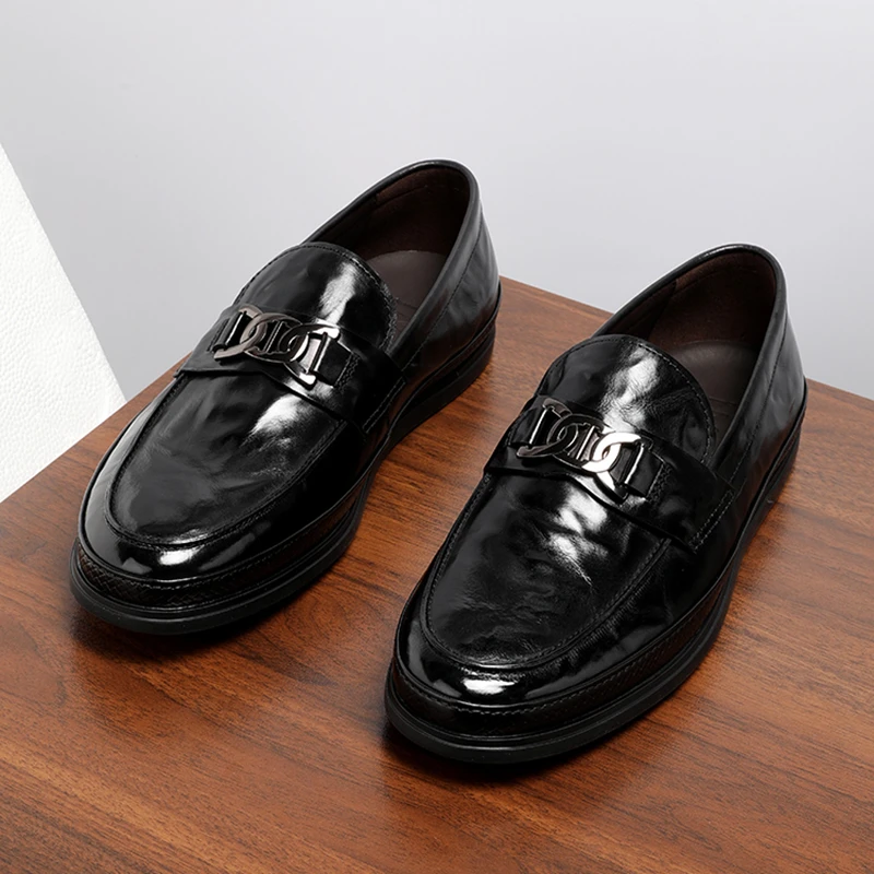 【胎牛皮】乐福鞋男真皮平底手抓纹男鞋懒人豆豆鞋开车鞋一脚蹬皮鞋