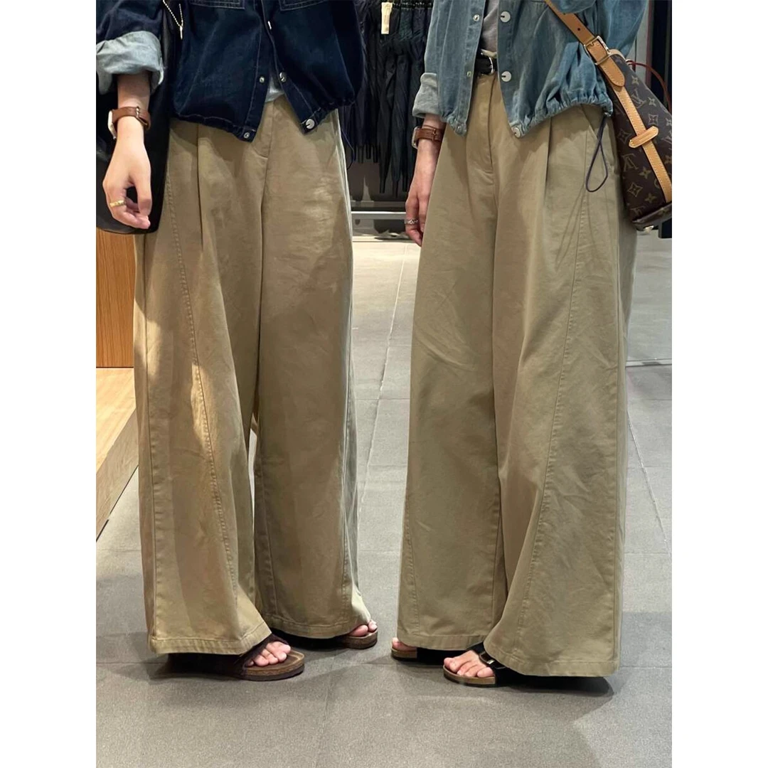 慵懒感卡其色工装阔腿裤女秋季新款大码胖mm宽松显瘦直筒休闲长裤