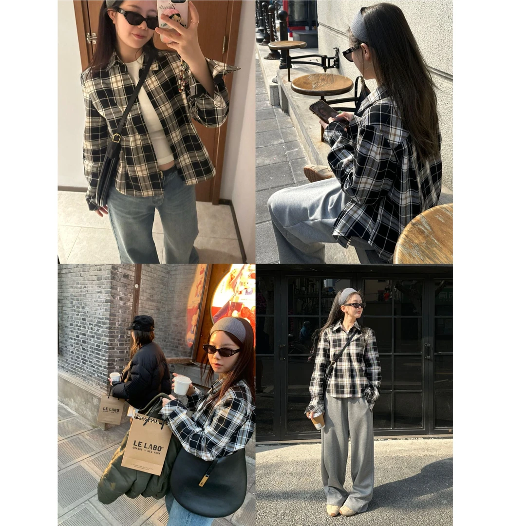 D YANGJUN 春季黑白格子宽松衬衫女设计感小众长袖独特超好看上衣