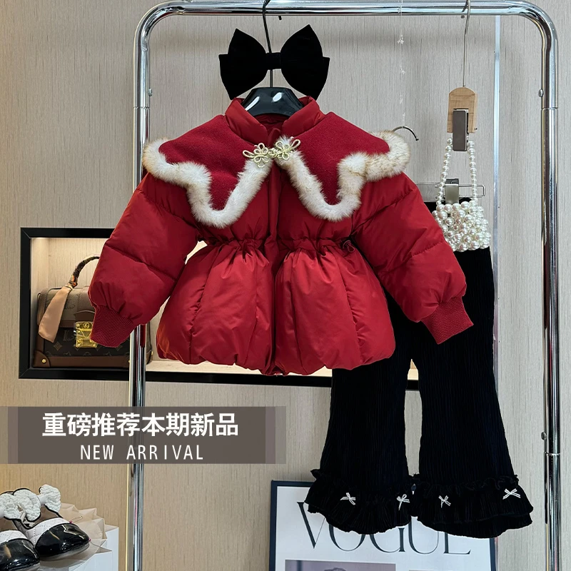 女童冬装2025新款棉服外套小女孩洋气加厚棉衣儿童气质红色百年服