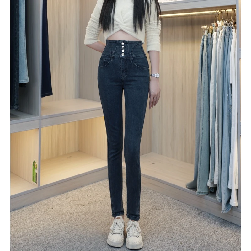 6008冬季水泥灰百搭铅笔牛仔修身显瘦铅笔小脚加绒加厚牛仔裤