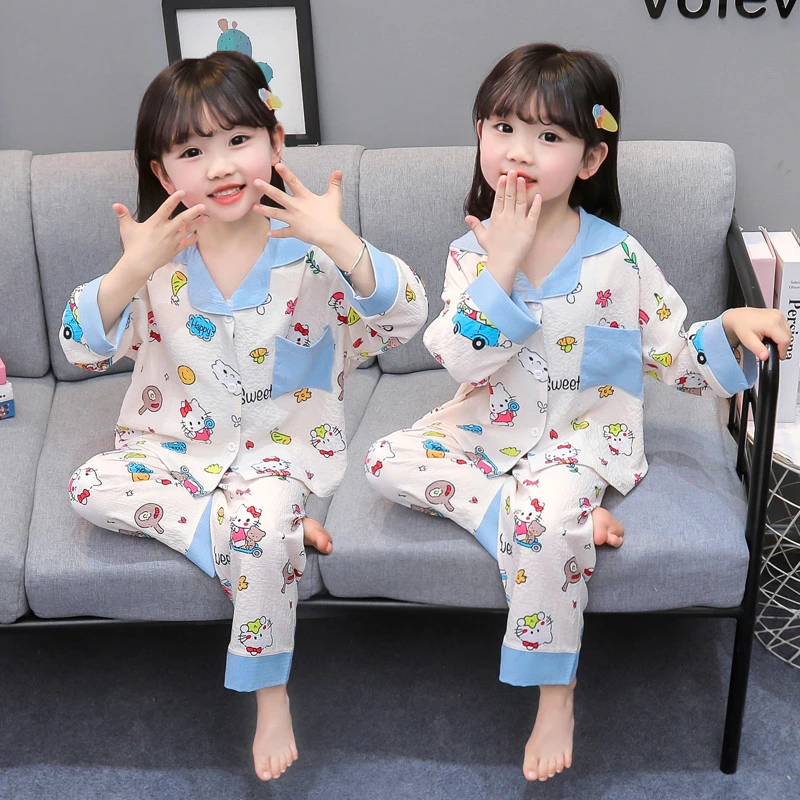 女童睡衣套装夏季薄款纯棉儿童长袖卡通家居服女宝宝云朵棉空调服