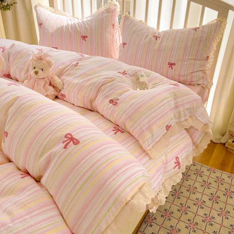 2025新款镂空花边床上四件套少女心印花被套床单非全棉纯棉宿舍三