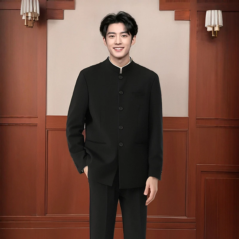 春款中山装男青年新中式立领休闲西装套装气质痞帅帅气男生夹克男