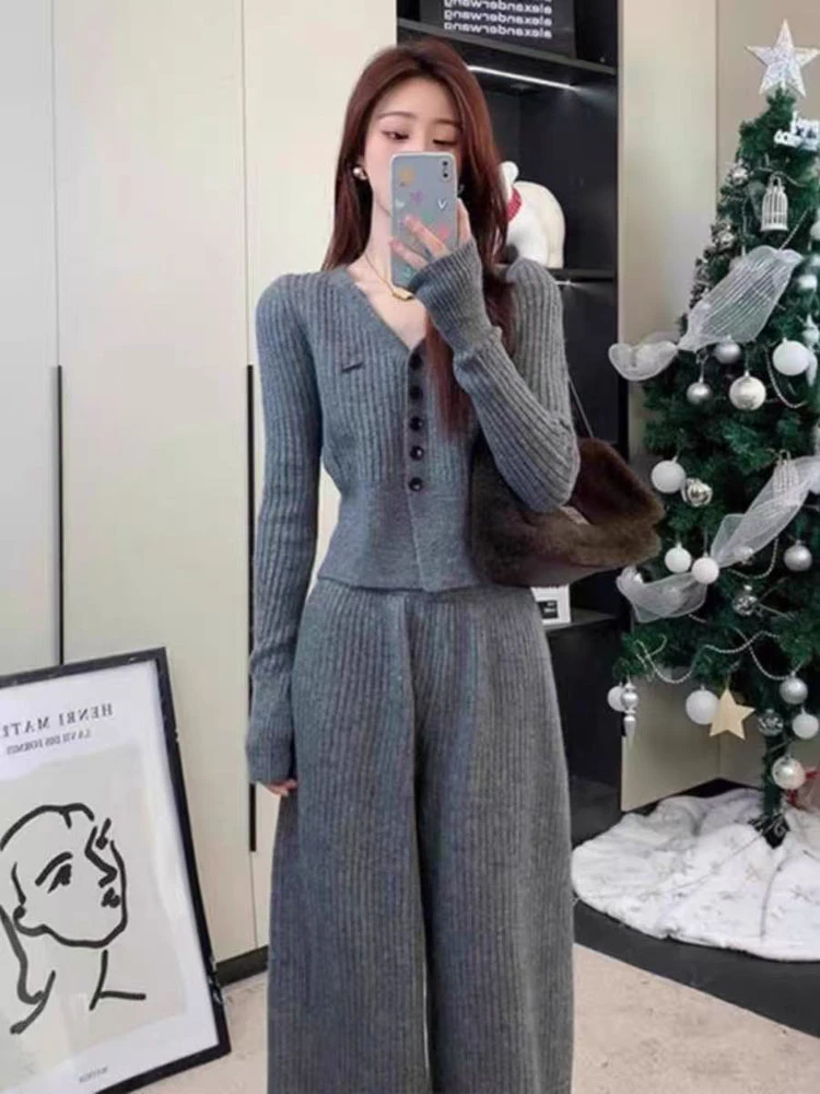 2025新款秋冬季女装盐系轻熟小香风针织毛衣上衣阔腿裤两件套装