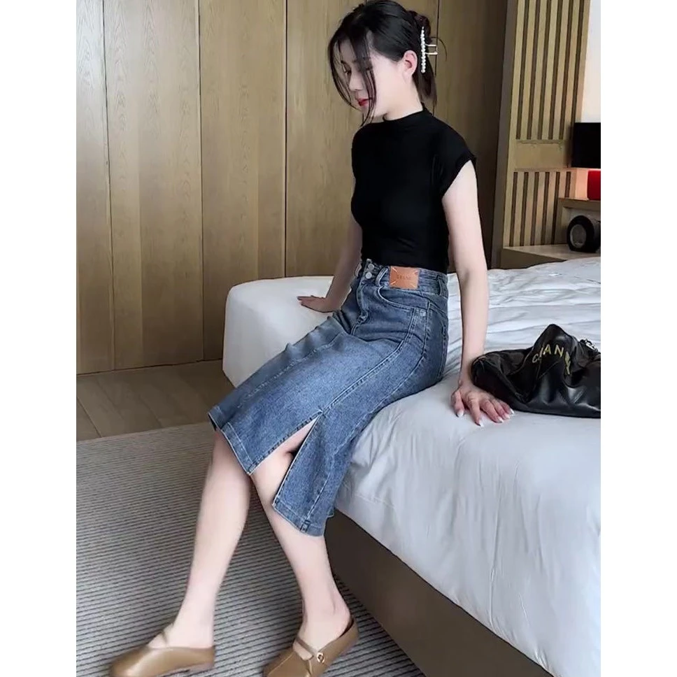 夏季搭配一整套洋气针织打底衫设计感开叉牛仔裙干练气质女装套装