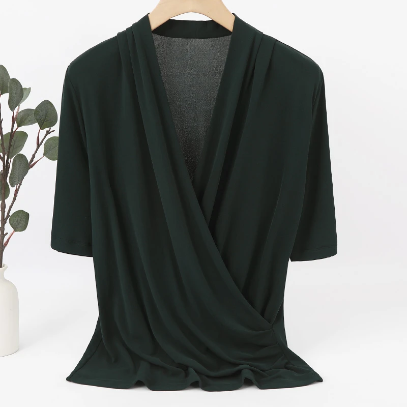 LANZIBES/蓝之蓓真丝加捻交叉V领纯色五分袖桑蚕丝上衣百搭M6829