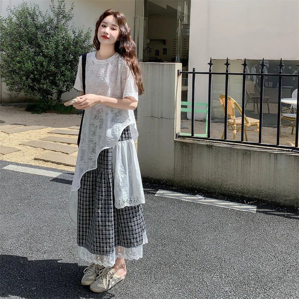 不规则蕾丝T恤连衣裙套装女夏2025新款甜美显瘦格子半身裙两件套