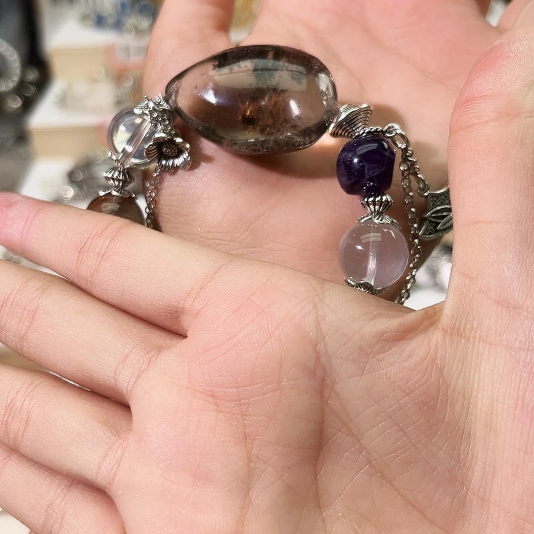 烟晶手链银S925镶嵌还****星手串