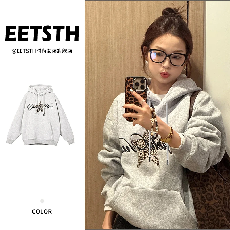 美式街头连帽卫衣女秋季五角星印花情侣长袖宽松重磅学院风上衣潮