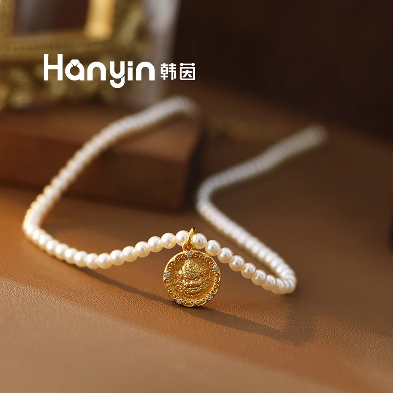 铜合金仿珍珠项链 4mm珠珠古典黄财神项链轻奢小众高级感锁骨链