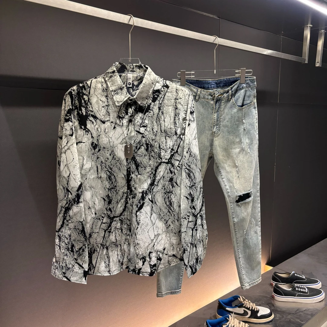 2025春夏休闲潮流百搭时尚晕染喷墨男士衬衫