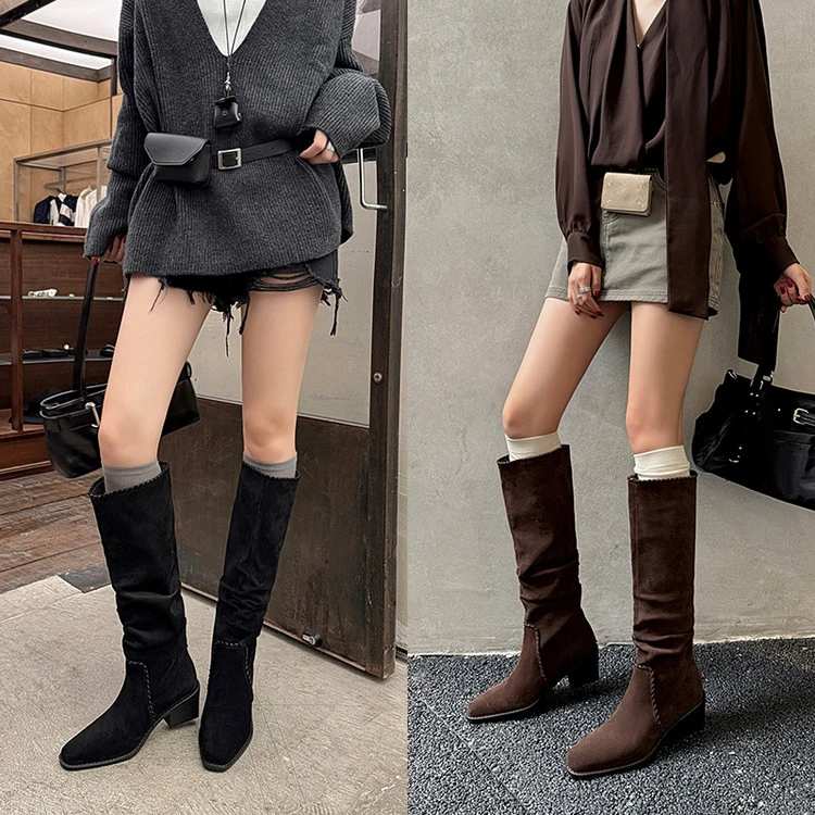 网红堆堆靴2025冬季新款真皮高筒女靴子中跟厚底西部靴长筒瘦瘦靴