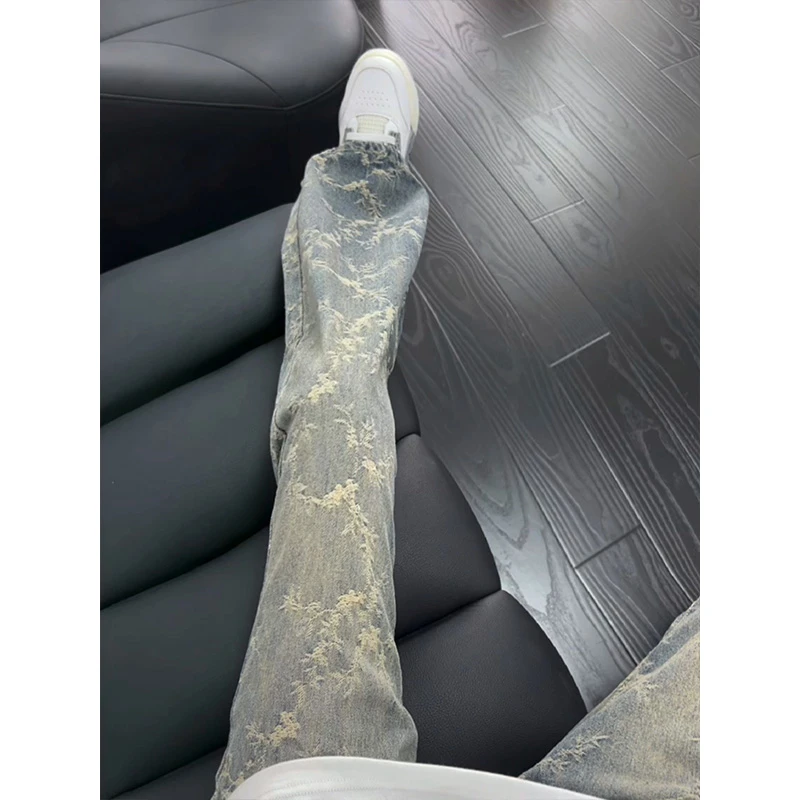 浅蓝色提花牛仔裤美式高街vibe裤子男秋冬加绒加厚水洗直筒微喇裤