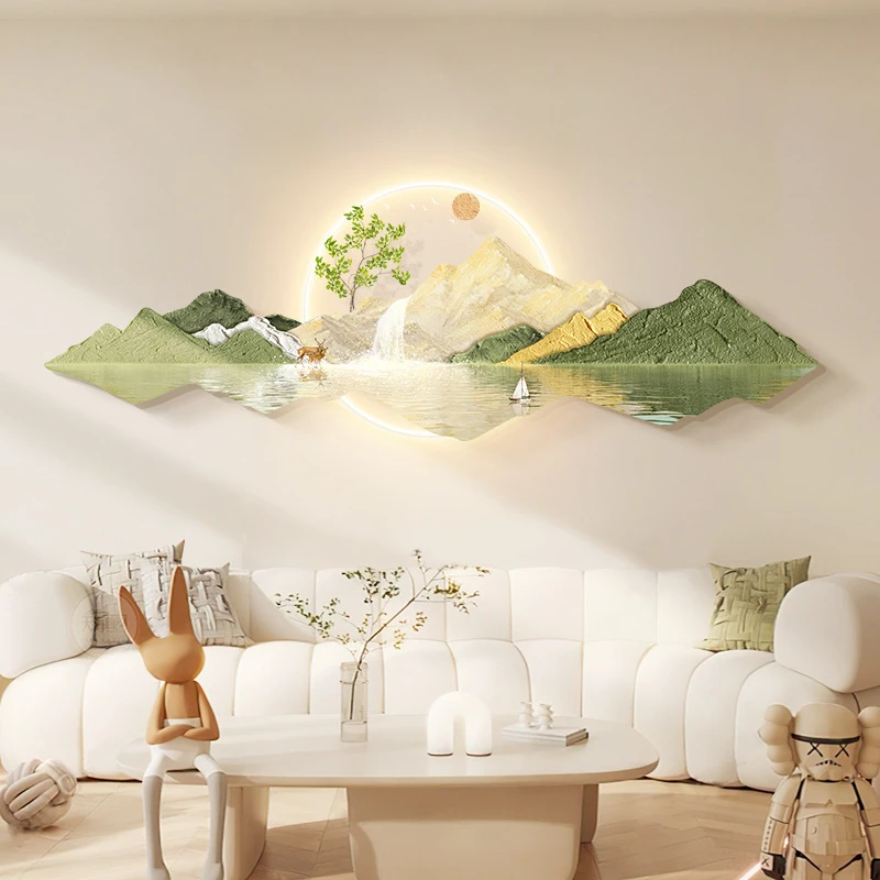 日照金山客厅装饰画北欧沙发背景墙挂画奶油原木风景山水画壁灯画