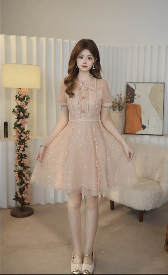 高级感名媛气质泡泡袖网纱连衣裙2025新款纱料修身a字蓬蓬裙1450