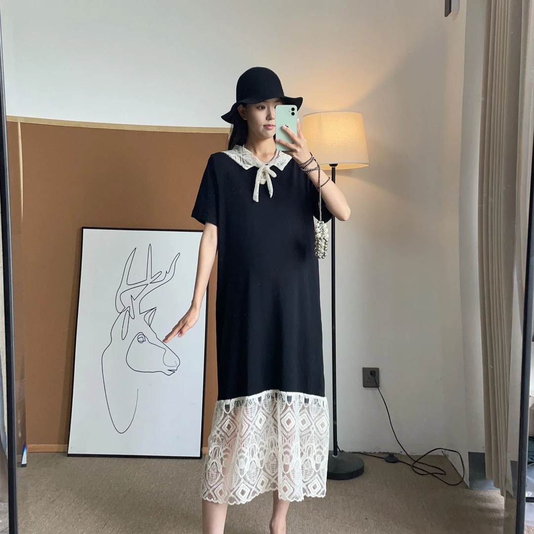 孕妇装时尚夏季长裙拼接蕾丝拼接休闲连衣裙宽松显瘦减龄裙子潮