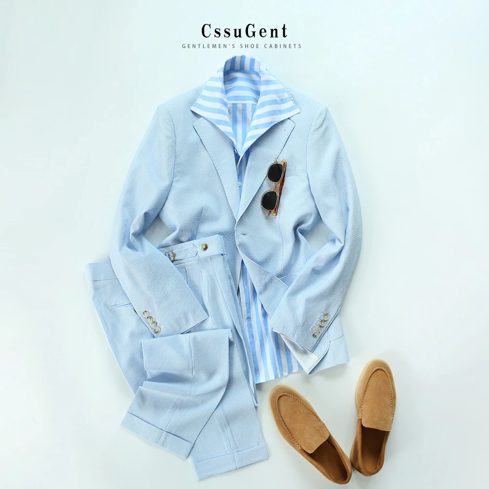 早秋肌理感泡泡纱浅蓝条老钱风西服套装男士商务通勤薄款西服