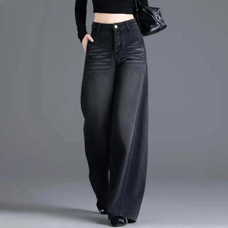 秋季阔腿牛仔裤女2025新款高腰直筒裤黑色百搭显瘦休闲拖地女裤子