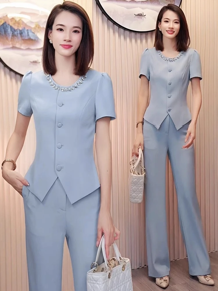 轻职风通勤时尚套装休闲阔腿裤气质短袖女神范修身0798