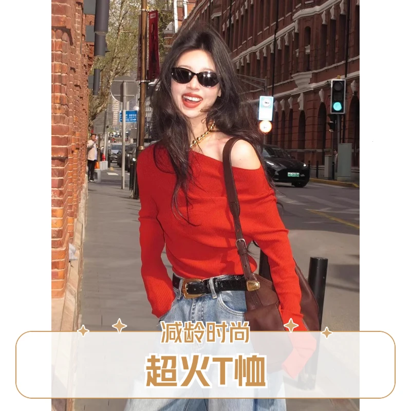 韩超火红色超不百搭款小众上衣2025t恤夏斜肩独特系穿洋气好看撞