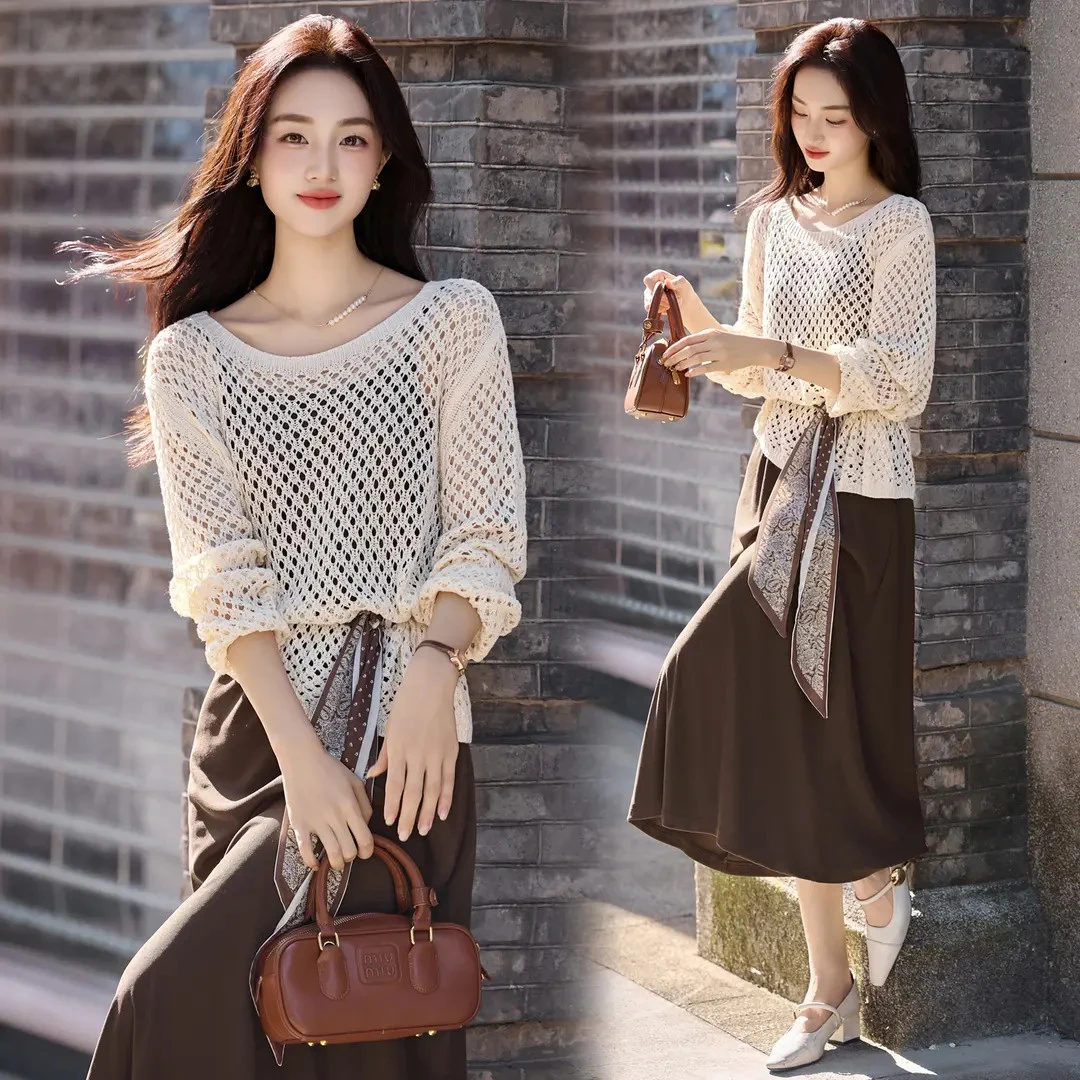 复古港风镂空罩衫套装裙女2025春秋新款系带收腰显瘦吊带裙两件套
