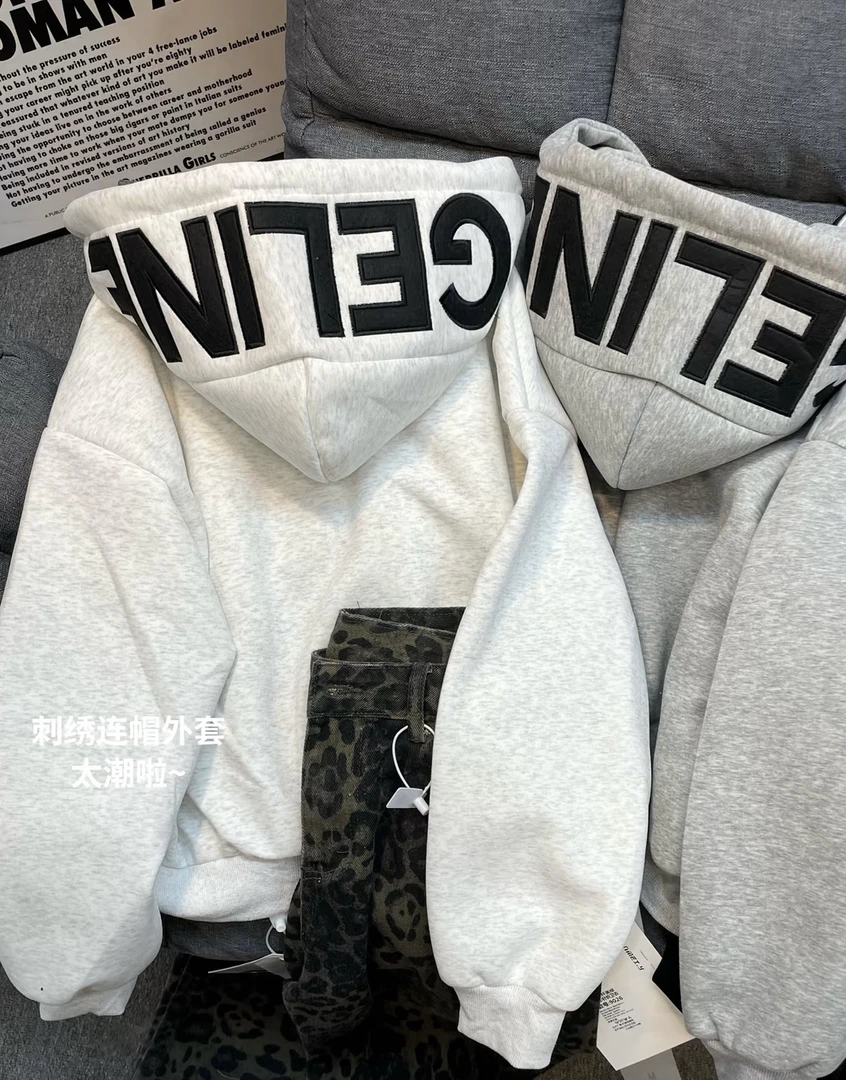 连帽收绳加厚卫衣女宽松印花开衫外套潮流上衣