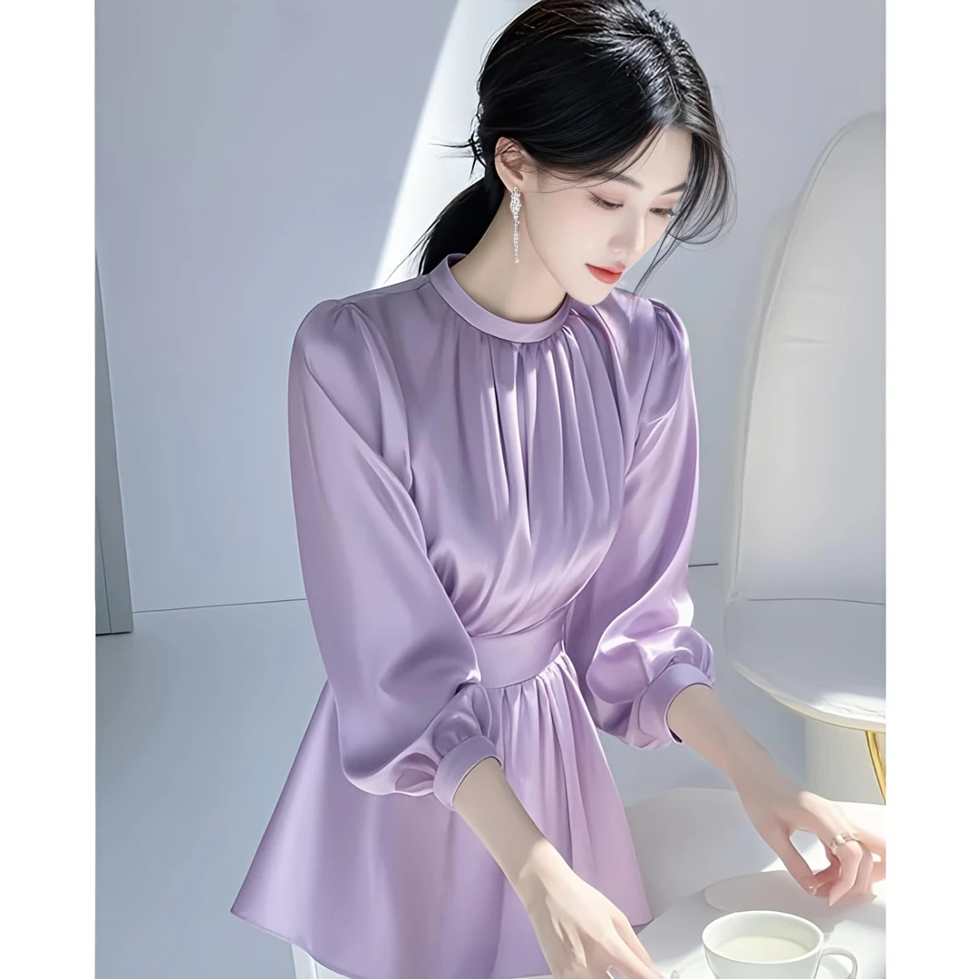 紫色醋酸缎面衬衫女春秋2025新款收腰小衫高级感轻奢减龄洋气上衣