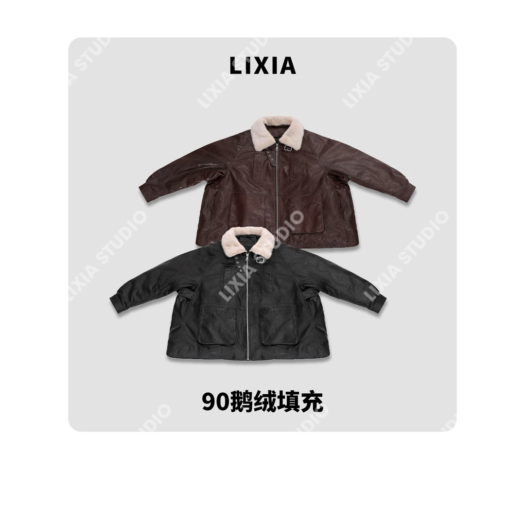 LIXIA【时光之旅】时髦款水貂毛皮领绵羊皮羽绒鹅绒服-D10698