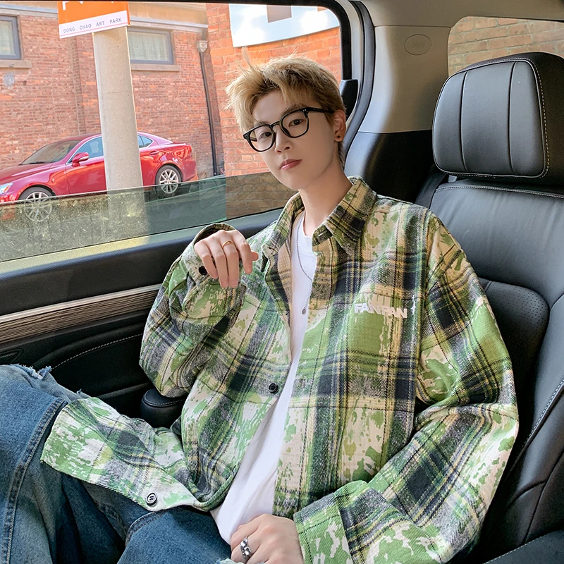 字母刺绣扎染衬衫男长袖美式复古格子外套秋季青少年痞帅男装上衣