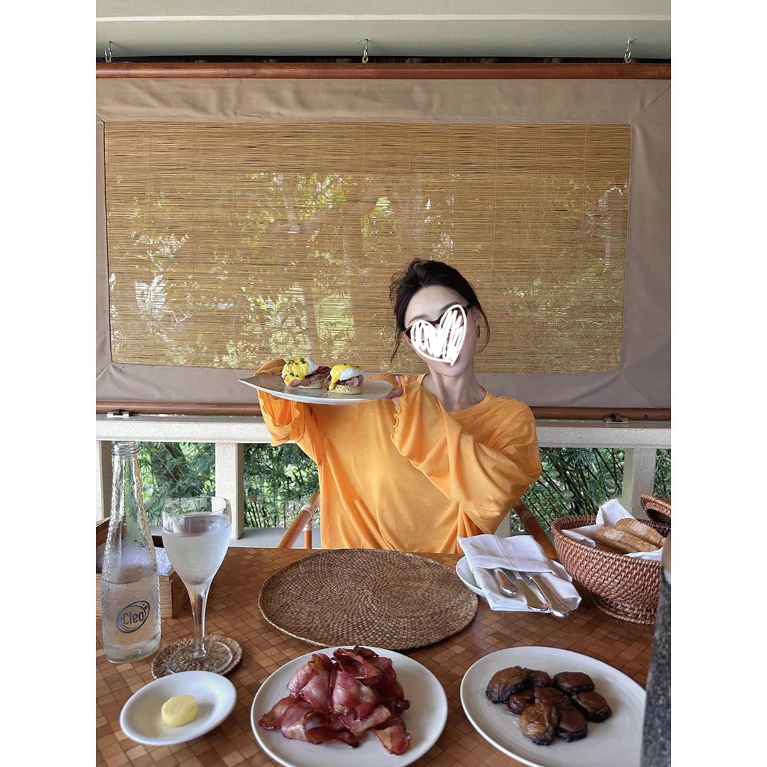 2025年春夏新款微透木耳边长袖女薄款防晒罩衫宽松T恤高级感上衣